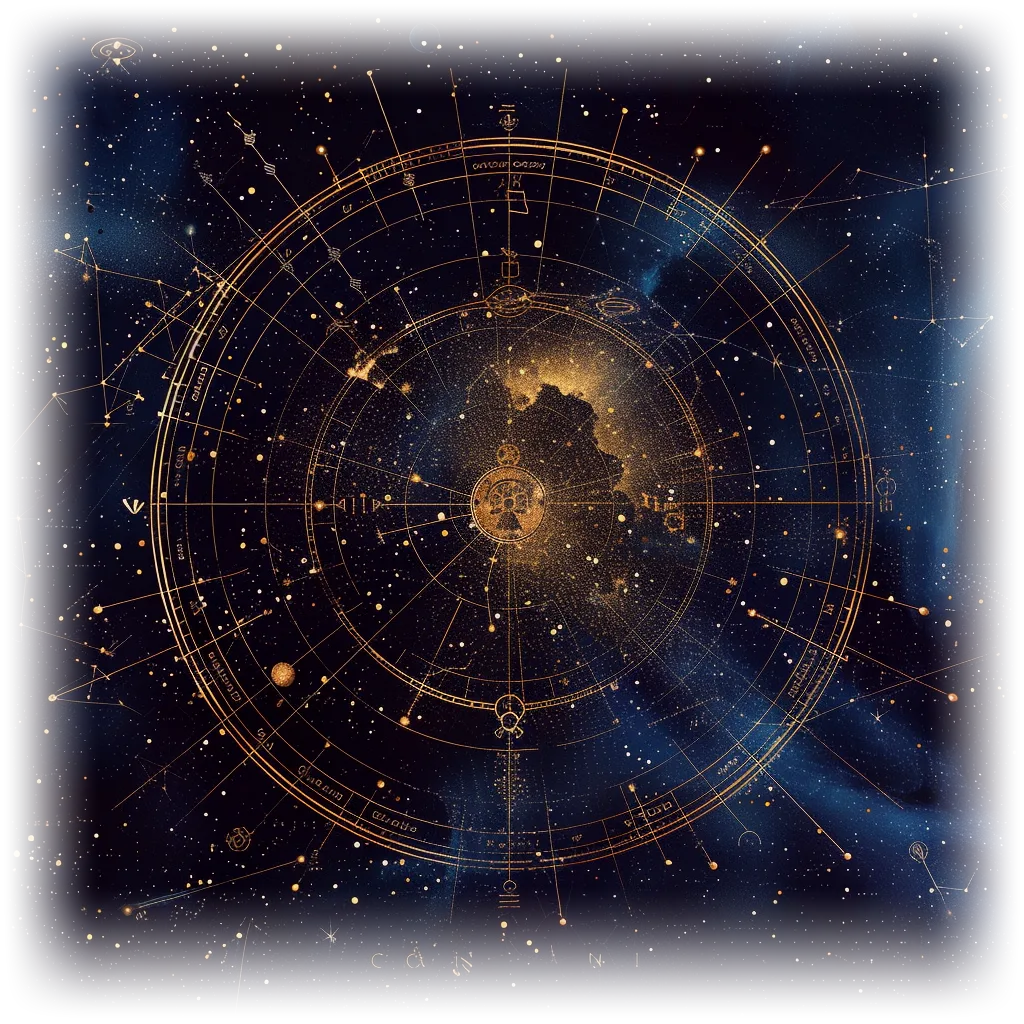 Une carte du ciel aux lignes d'or fines et précises, sur un fond indigo profond.