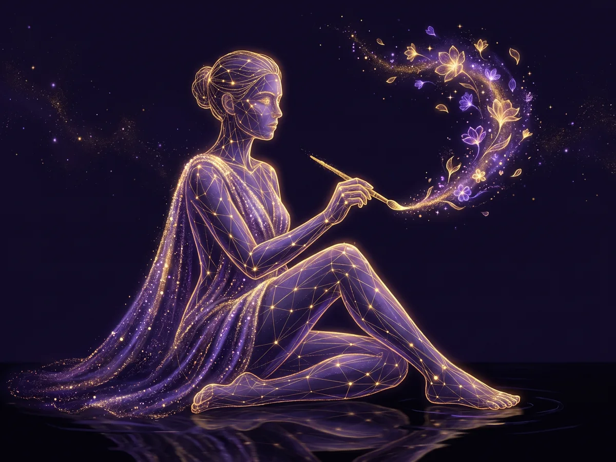 L'Amante : une figure assise peignant une guirlande de fleurs d'or et de violet.