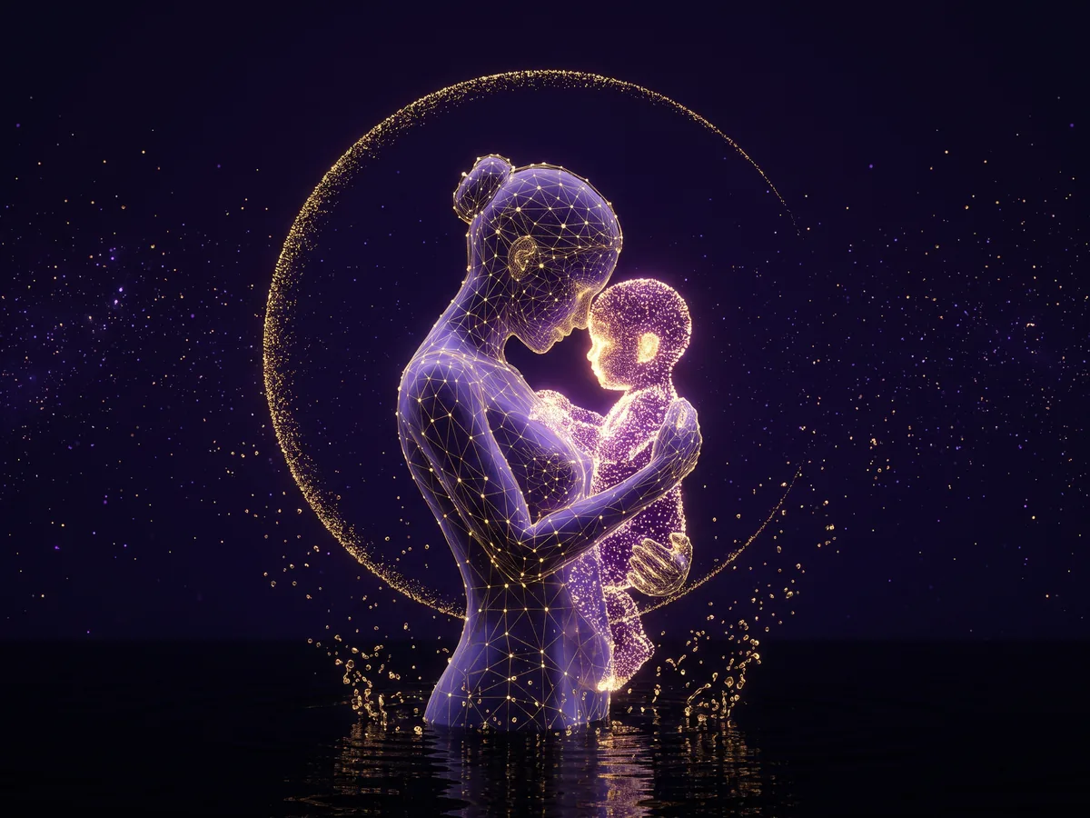 L'Enfant Intérieur : un enfant de lumière dorée blotti dans des bras constellés d'étoiles.