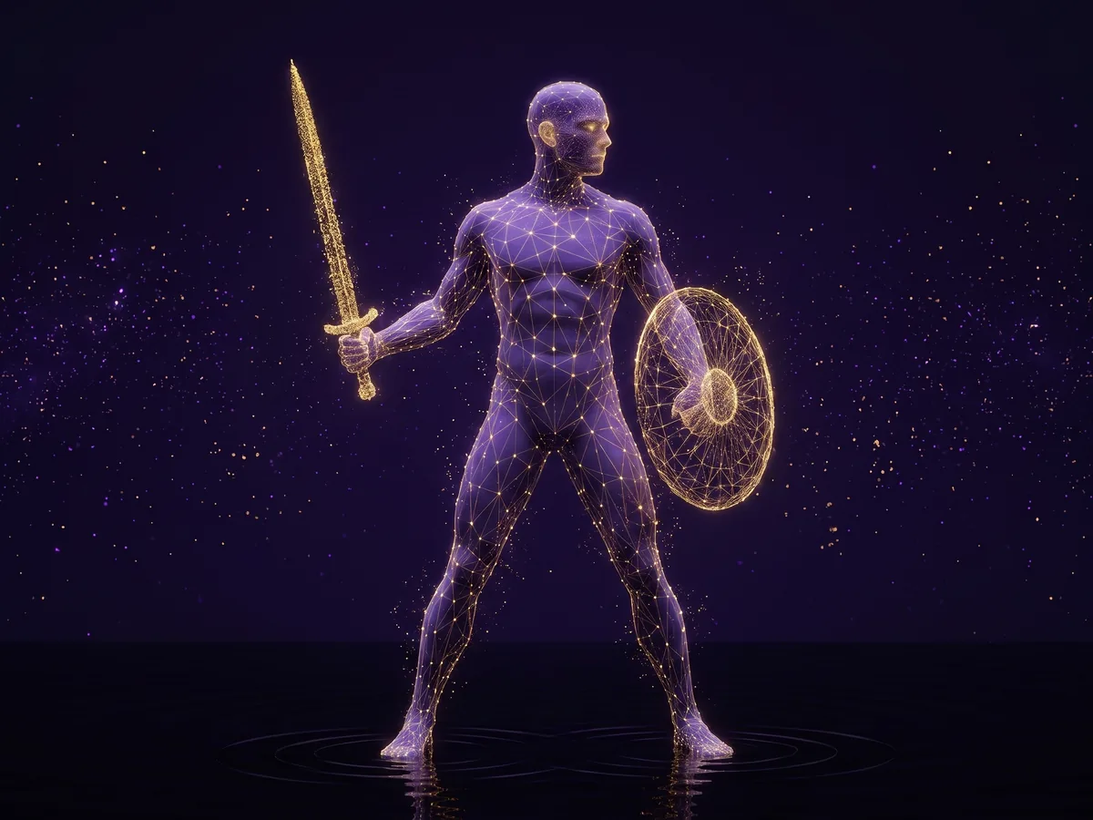 Le Guerrier : une figure constellée d'étoiles, épée et bouclier d'or en main.
