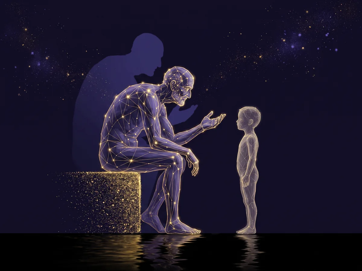Le Mentor : un aîné de lumière assis, main tendue vers un enfant qui l'écoute.