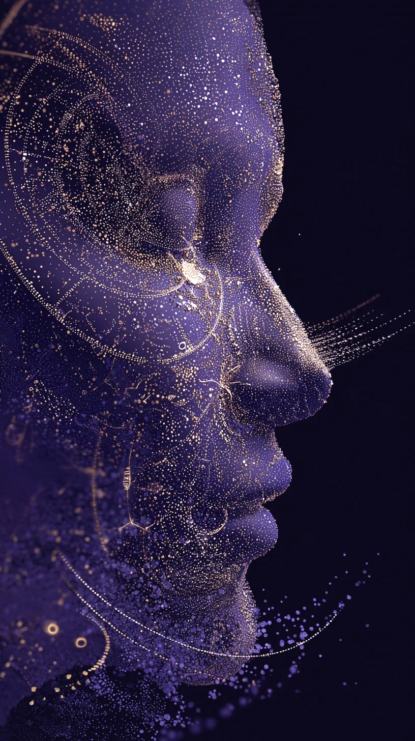 Le visage d'Archea, yeux clos, modelé dans une poussière d'étoiles violette et dorée.