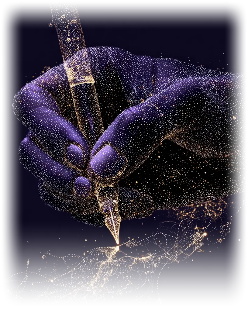 Une main de poussière d'étoiles tenant une plume d'or, écrivant une page de lumière.