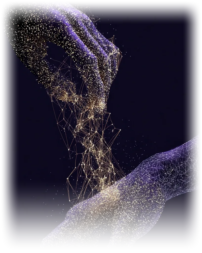 Deux mains de poussière d'étoiles qui se tendent l'une vers l'autre, reliées par un fil de constellations dorées.