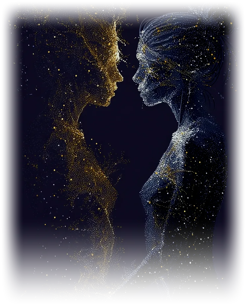 Deux présences front contre front : une visiteuse sombre constellée d'étoiles face à une figure d'or diffuse.